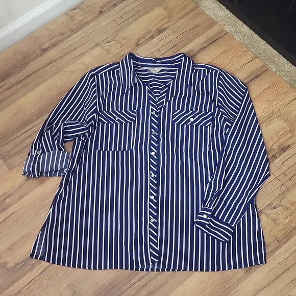 CORAL BAY Blue White Stripe Roll-Tab Pocket Blouse - Picture 3 of 12